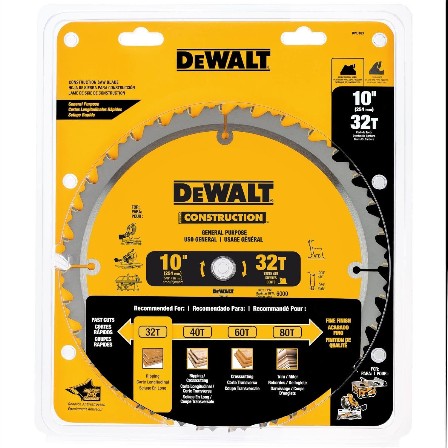 DEWALT DW3103-Series 20 10-Inch 32 Tooth Atb Thin Kerf General Purpose Saw Blade With 5/8-Inch Arbor DEWALT