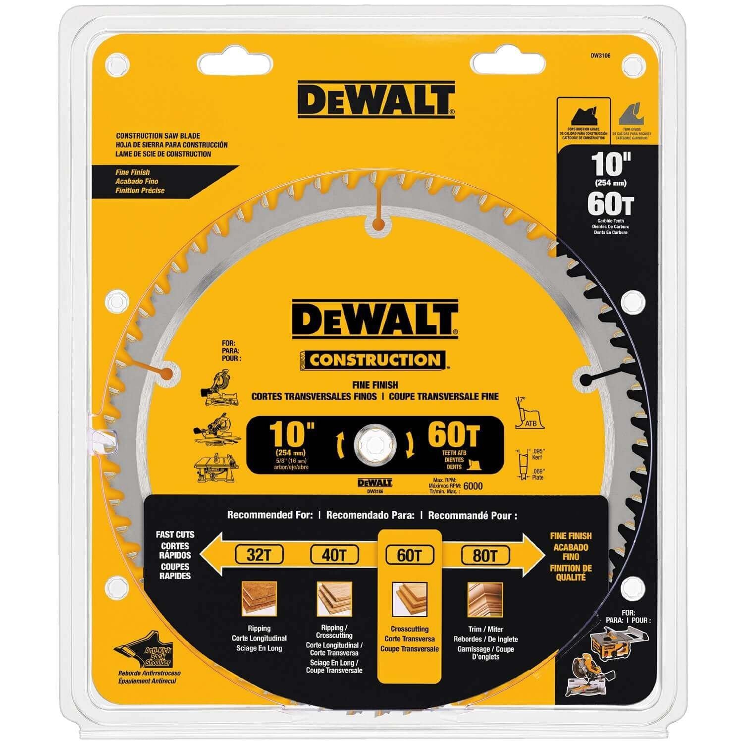 DEWALT DW3106-10-Inch Miter / Table Saw Blade, Atb, Thin Kerf, Crosscutting, 5/8-Inch Arbor, 60-Tooth DEWALT