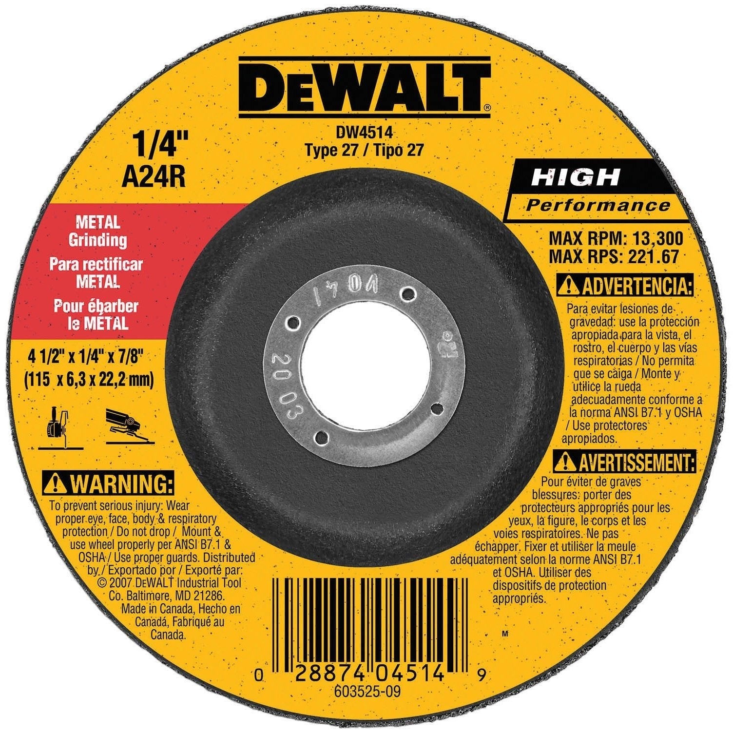 DEWALT DW4514-1/4" Thick Grinding Wheel With 4-1/2" Diameter And 7/8" Arbor - Wise Line Tools