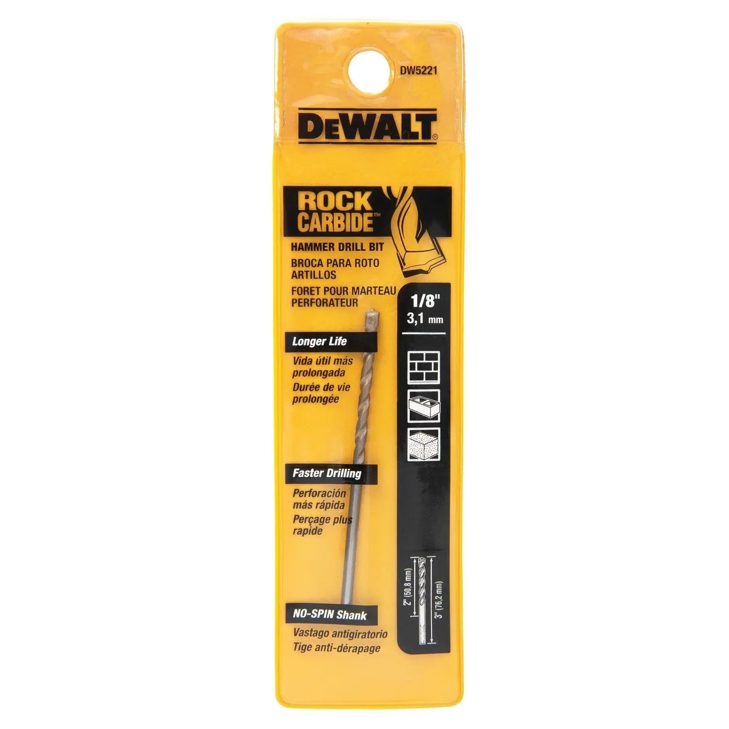 DEWALT DW5221-1/8-Inch By 3-Inch Carbide Hammer Drill Bit,Silver - Wise Line Tools