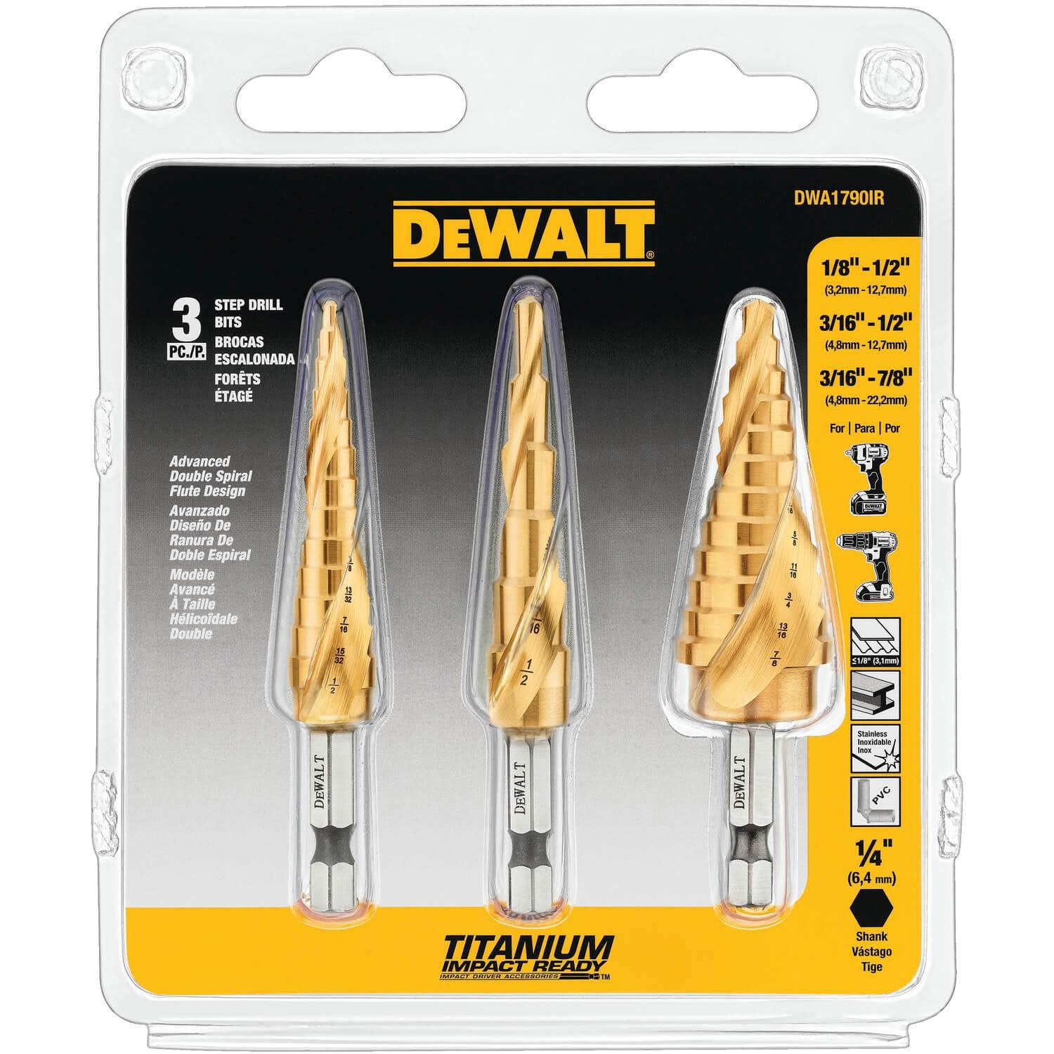 DEWALT DWA1790IR-Step Drill Bit Set, 3-Piece - Wise Line Tools