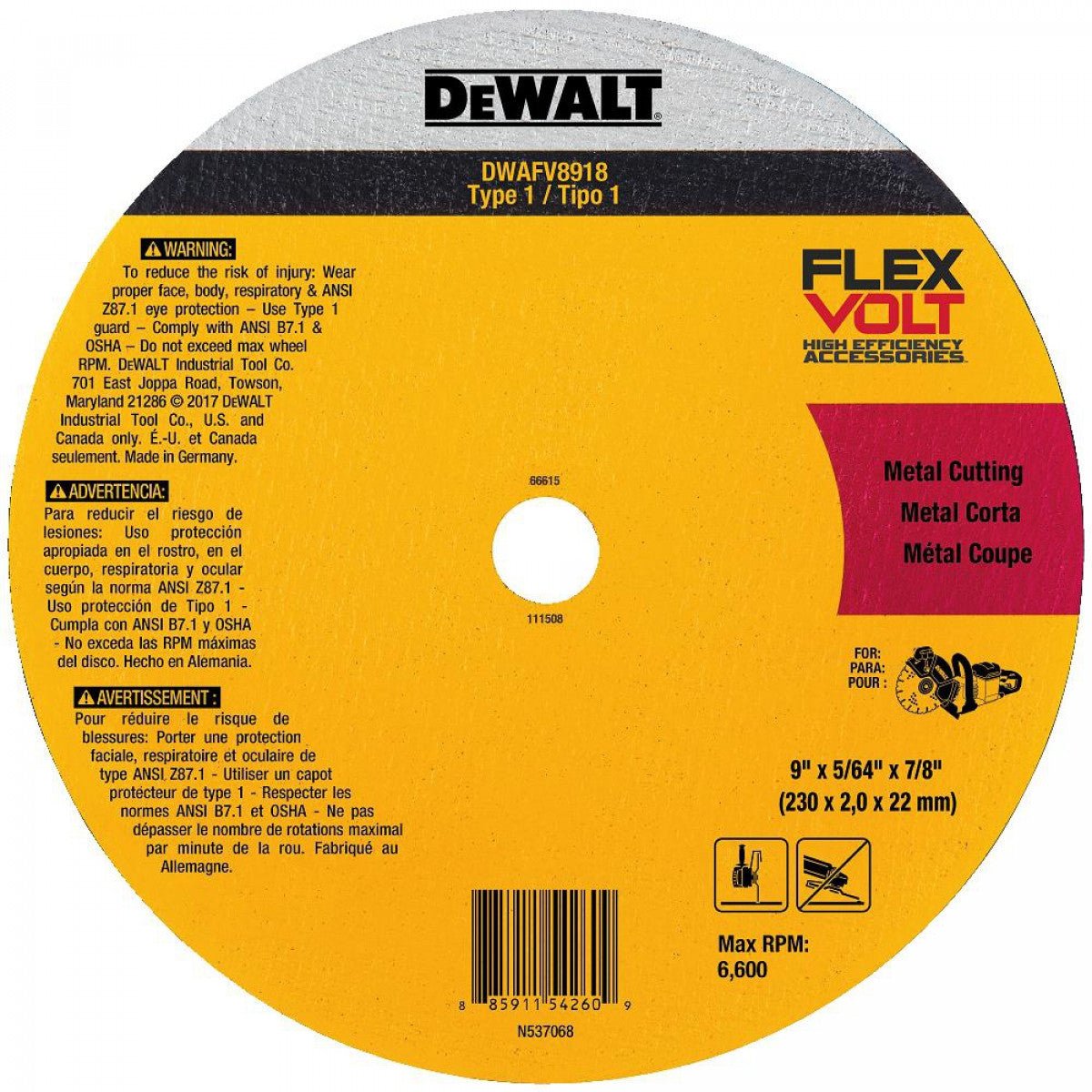 DEWALT DWAFV8918-FLEXVOLT 9 In x .045 in Ceramic Abrasive Chop / Cut-Off Blade with 7/8 in Arbor For Stainless & Mild Steel Cutting (1 Pack) - Wise Line Tools