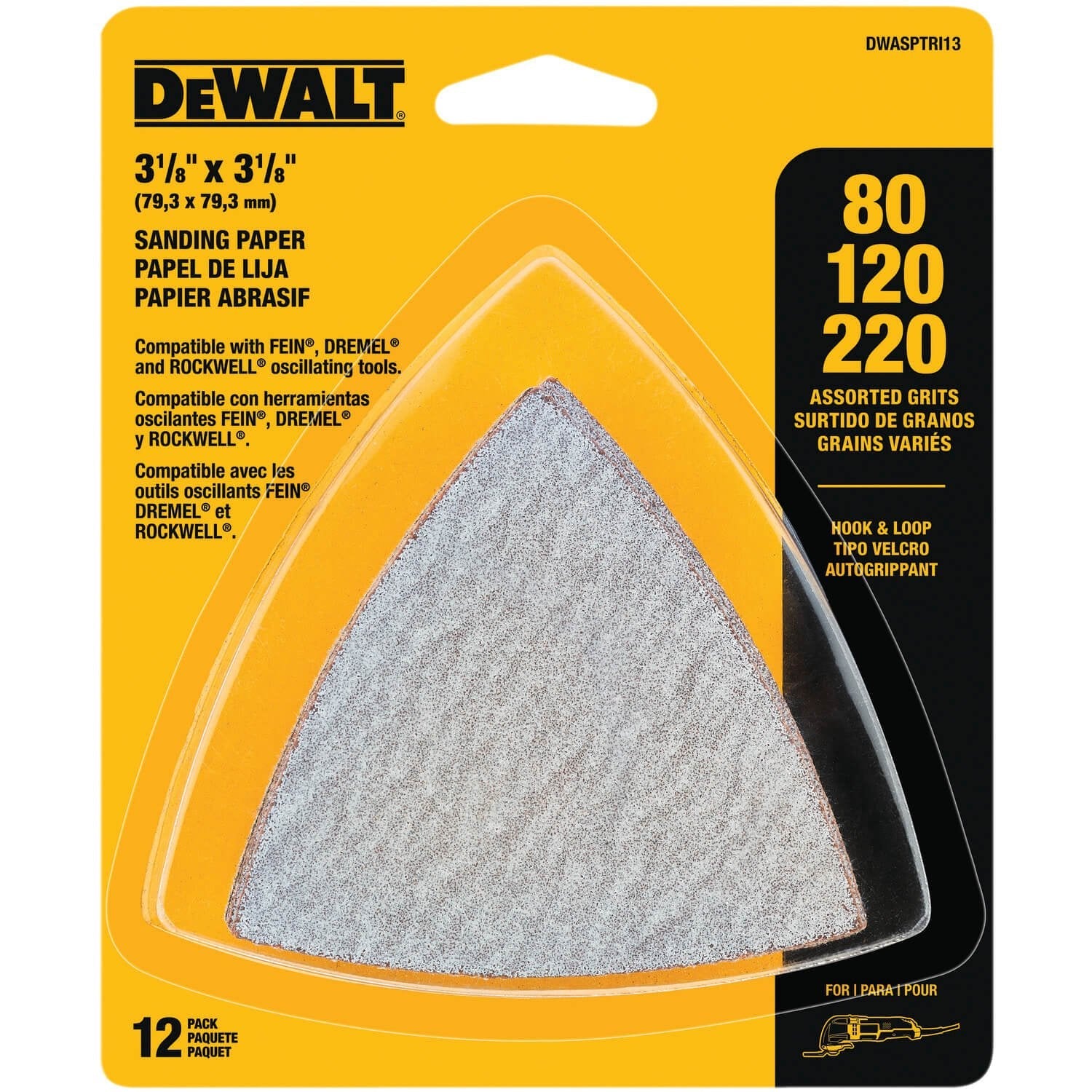 DEWALT DWASPTRI3-Hook And Loop Triangle Sandpaper Assorted, 12-Pack - Wise Line Tools
