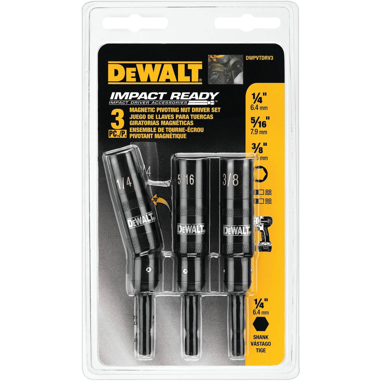 DEWALT DWPVTDRV3-Nut Driver Set, Impact-Ready, Pivoting, 3-Piece - Wise Line Tools