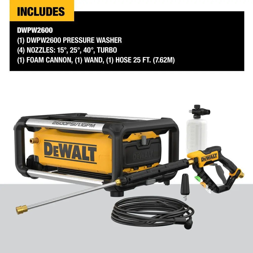 DWPW2600 - DEWALT 2600 PSI 1.1 GPM Electric Cold Water Pressure Washer with 4 Spray Nozzles - Wise Line Tools