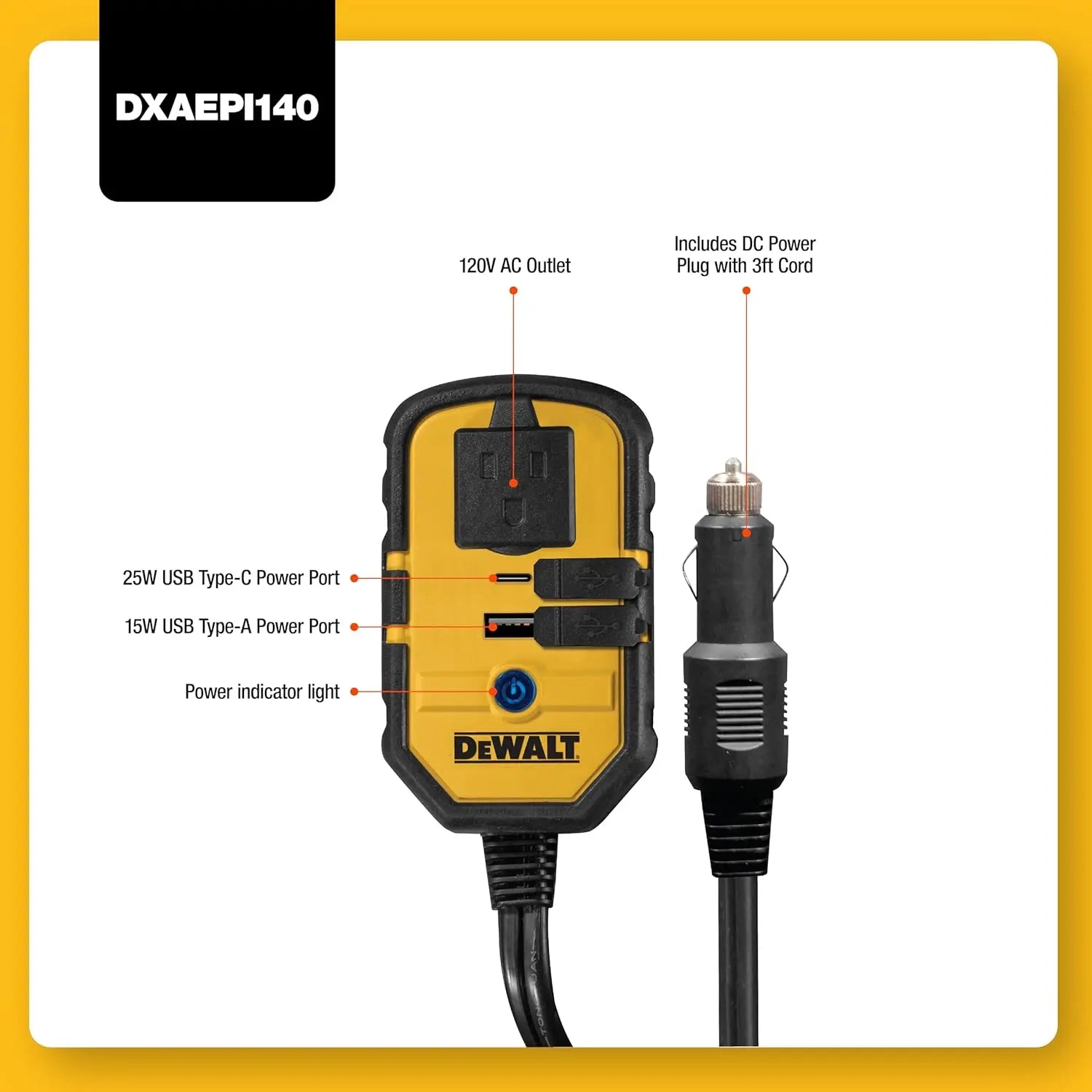 DEWALT DXAEPI140 - DeWalt 140 Watt Power Inverter DEWALT