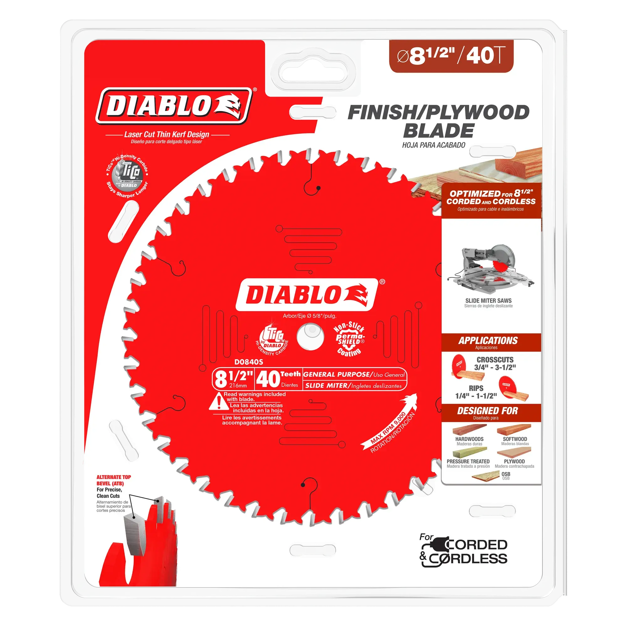 DIABLO D0840S  -  8-1/2" x 40-Teeth General Purpose Saw Blade for Wood DIABLO
