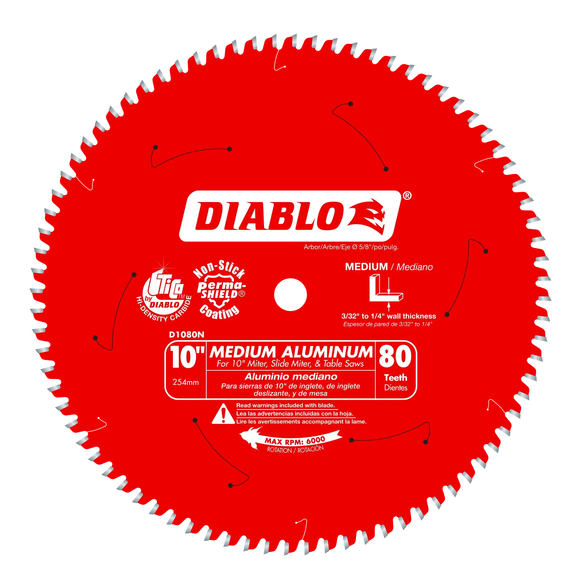 DIABLO D1080N  -  10" x 80-Teeth Saw Blade for Medium Aluminum DIABLO