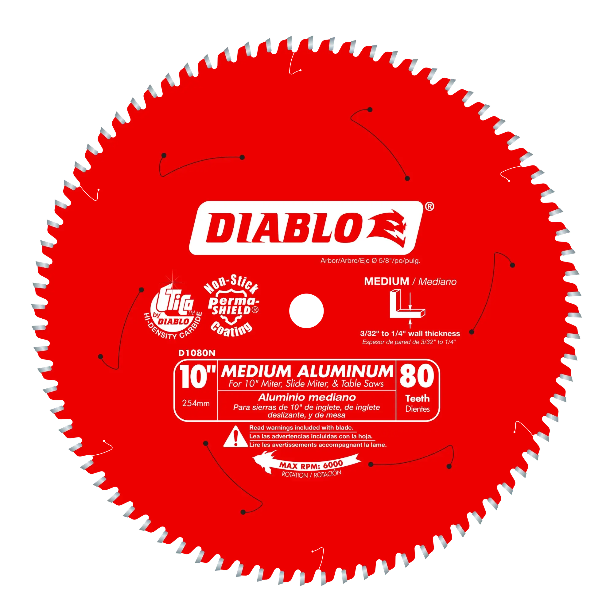 DIABLO D1080N  -  10" x 80-Teeth Saw Blade for Medium Aluminum DIABLO