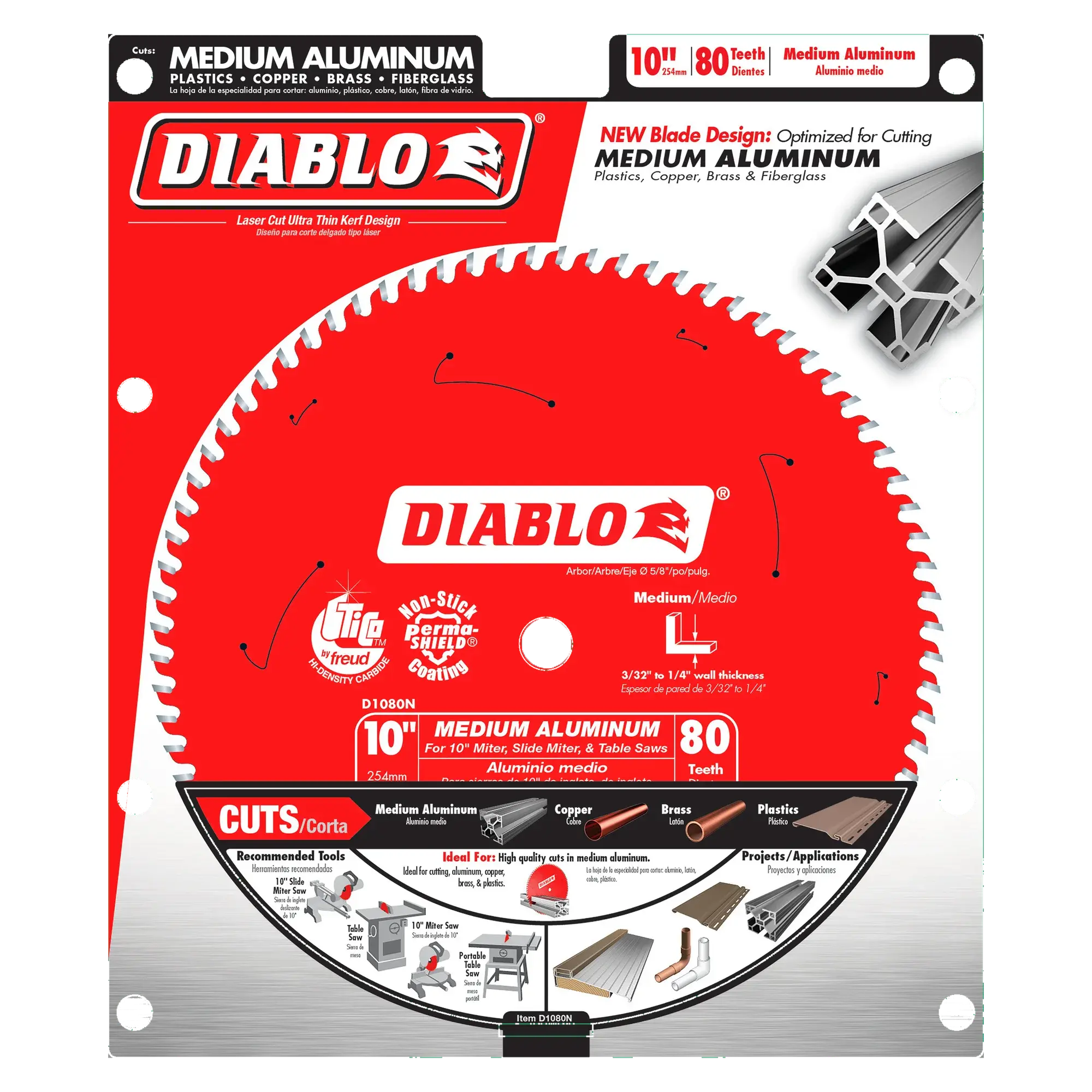 DIABLO D1080N  -  10" x 80-Teeth Saw Blade for Medium Aluminum DIABLO