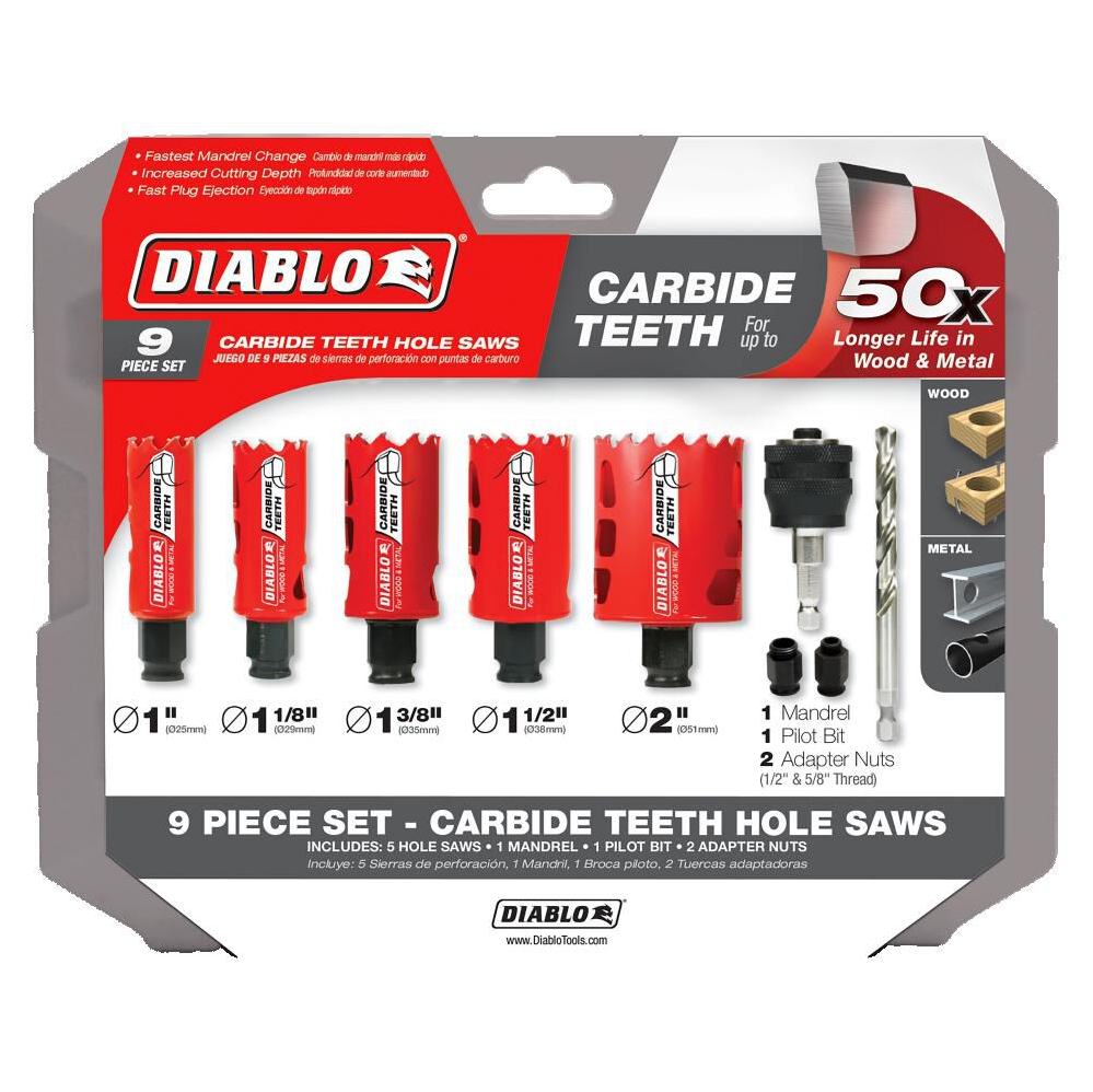 DIABLO  DHS09SGPCT  -  9PC CARBIDE HOLE SAW KIT - Wise Line Tools