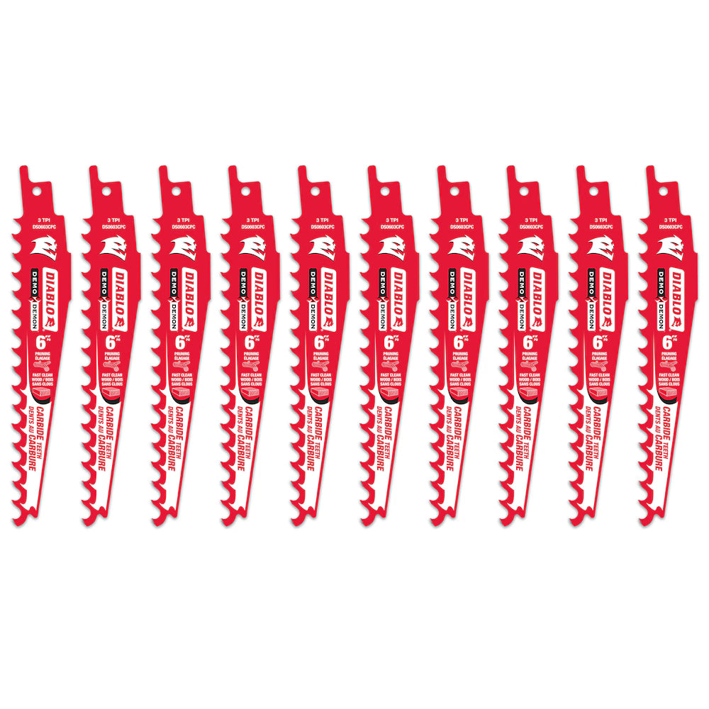 DIABLO DS0603CP10C - 6" 3TPI Carbide Demo Demon Recip Blade for Pruning/Clean Wood (10pk) Wise Line Tools