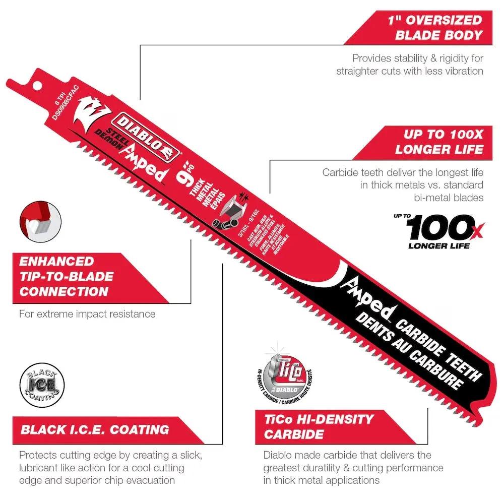 DIABLO DS0608CFA3C - 6" 8TPI AMPED Carbide Steel Demon Recip Blade for Thick Metal (3pk) DIABLO