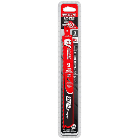 DIABLO DS0908CFA3C - 9" 8TPI AMPED Carbide Steel Demon Recip Blade for Thick Metal (3pk) DIABLO