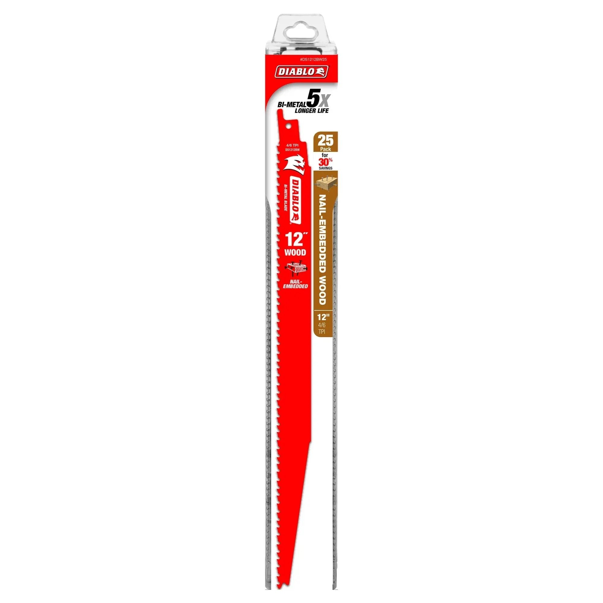 DIABLO DS1212BW25C - 12" 6/12TPI Bi-Metal Recip Blade for Nail-Embedded Wood (25pk) DIABLO