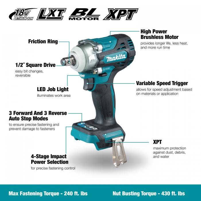 Makita DTW300XVZ 18V LXT Brushless Cordless 4-Speed 1/2" Impact Wrench with Friction Ring (Tool Only)