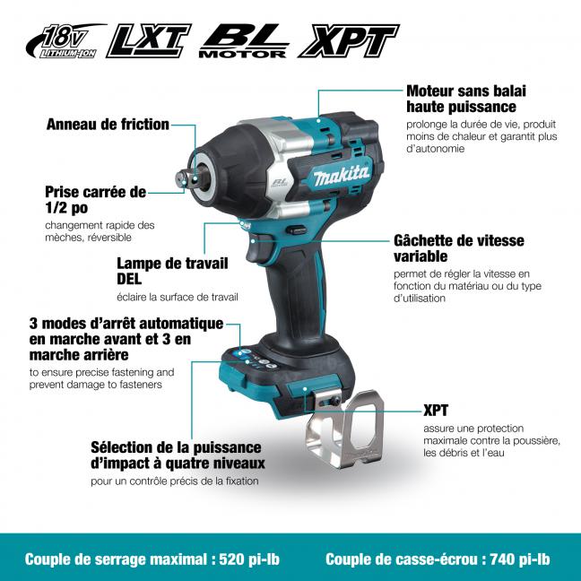 Makita DTW700XVZ 18V LXT Brushless Cordless 1/2" Mid-Torque Impact Wrench with Friction Ring
