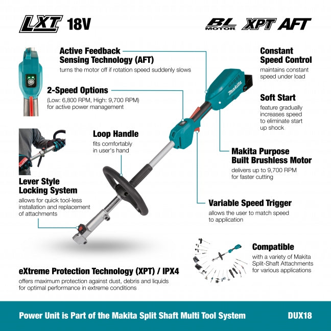 Makita DUX18RTX15 - Makita DUX18RTX15 18V LXT Brushless Split Shaft Power Unit Kit with EM409MP Trimmer & (2) 4.0Ah Batteries (View 3)