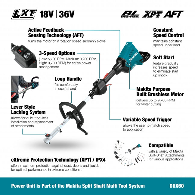 Makita DUX60Z - Makita DUX60Z 36V (18Vx2) LXT Brushless Split Shaft Power Unit (Tool Only) (View 3)