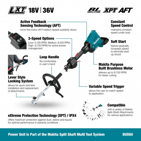 Makita DUX60Z - Makita DUX60Z 36V (18Vx2) LXT Brushless Split Shaft Power Unit (Tool Only) (View 3)