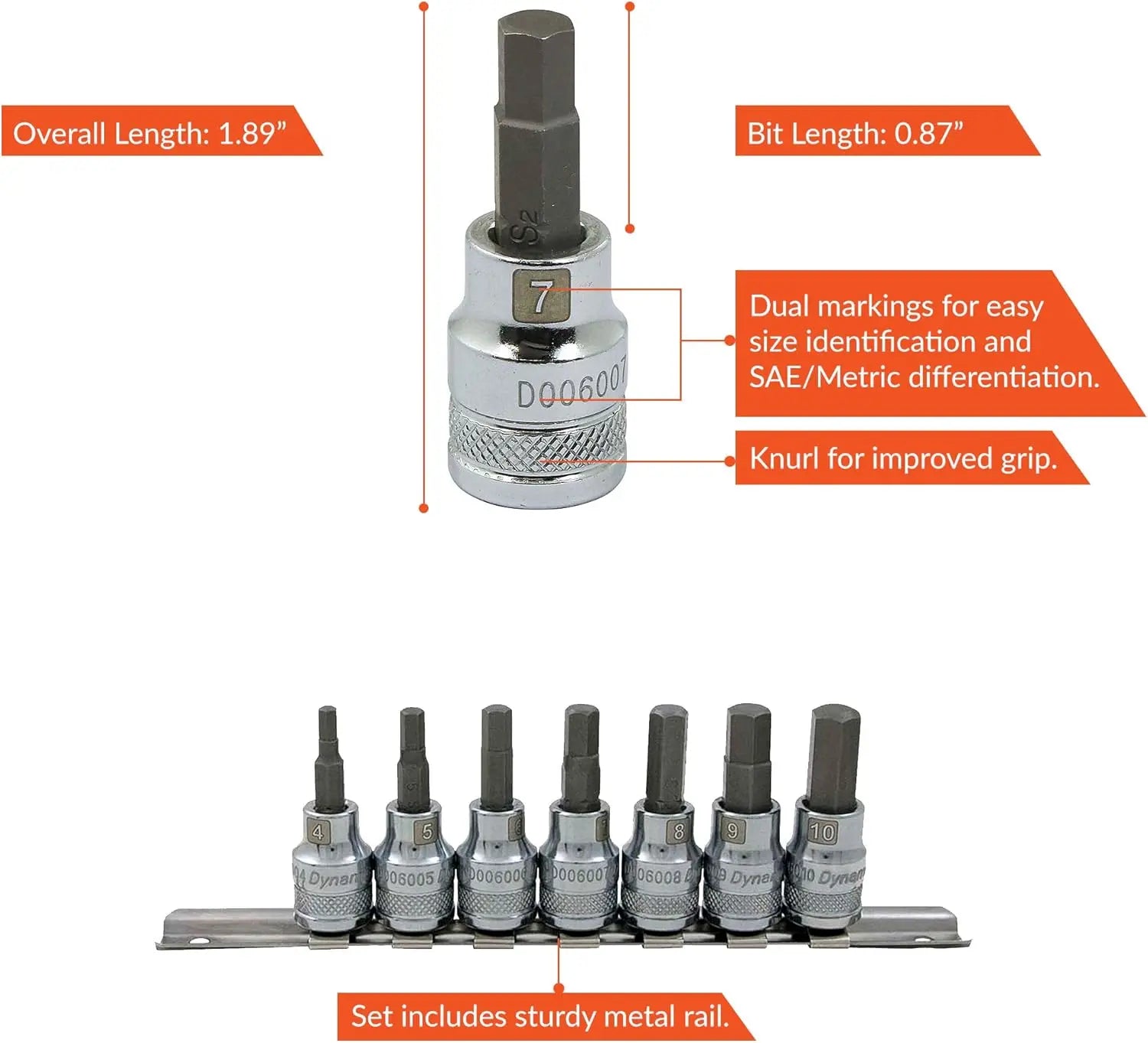 DYNAMIC D010016 - 3/8" D 7 PC MET STD HEX SKT SET DYNAMIC