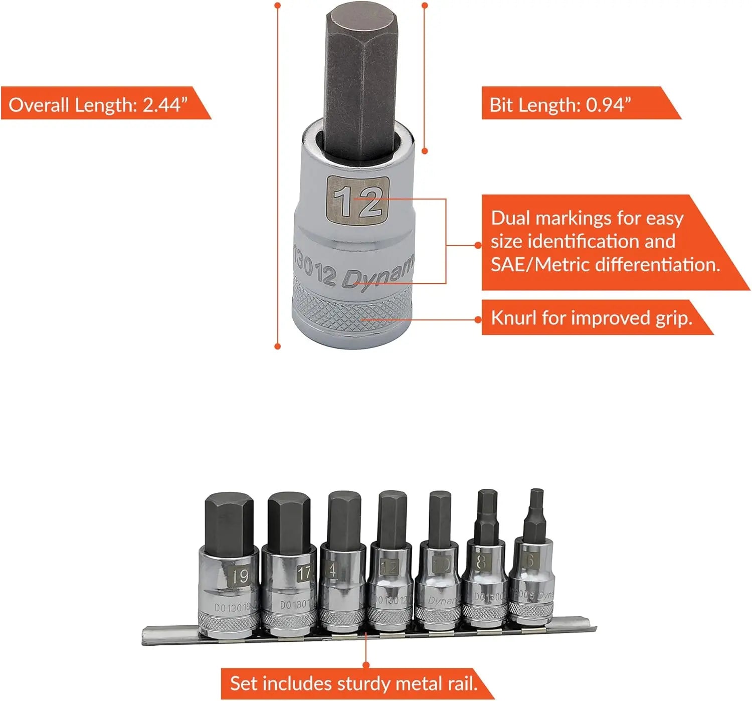 DYNAMIC D018014 - 1/2" D 7 PC MET STD HEX SKT SET DYNAMIC