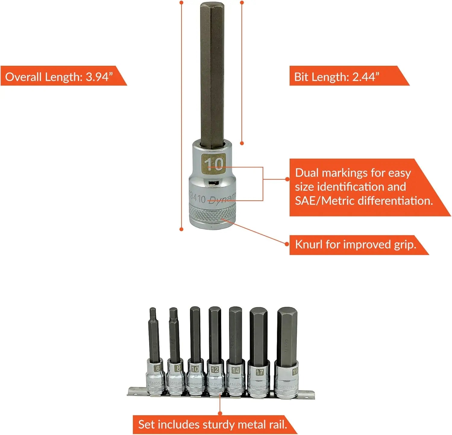 DYNAMIC D018015 - 1/2" D 7 PC METRIC LONG HEX SKT SET DYNAMIC