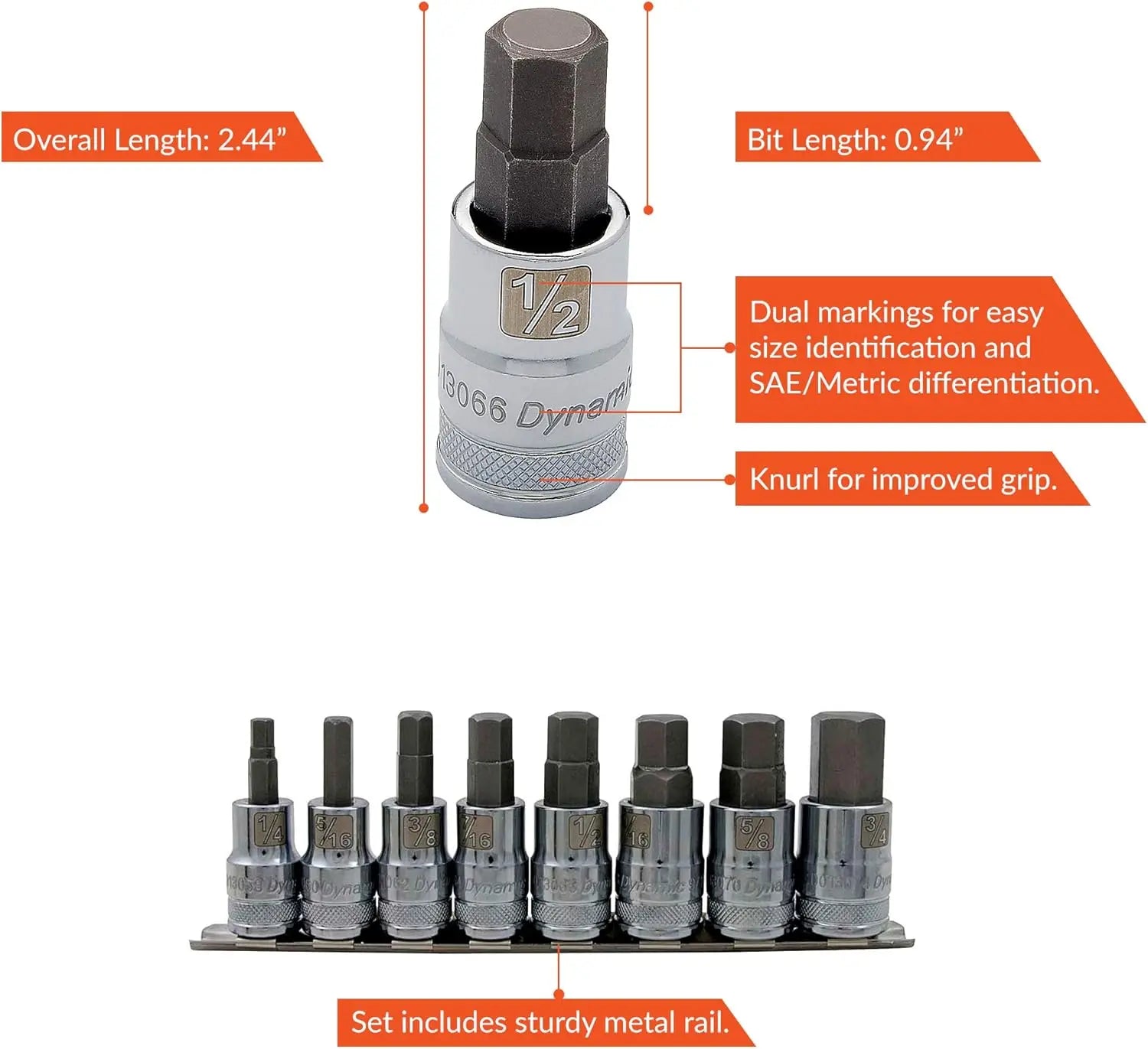 DYNAMIC D018018 - 1/2" D 8 PC STANDARD SAE HEX SKT SET DYNAMIC