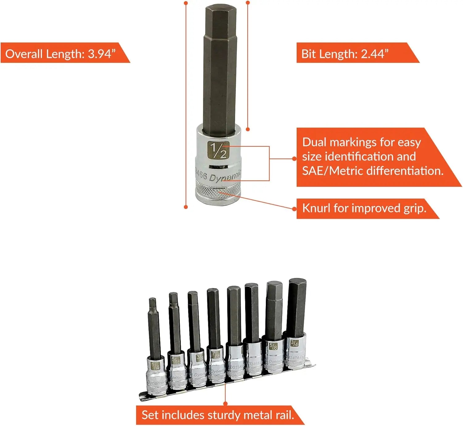 DYNAMIC D018019 - 1/2" D 8 PC LONG SAE HEX SKT SET DYNAMIC