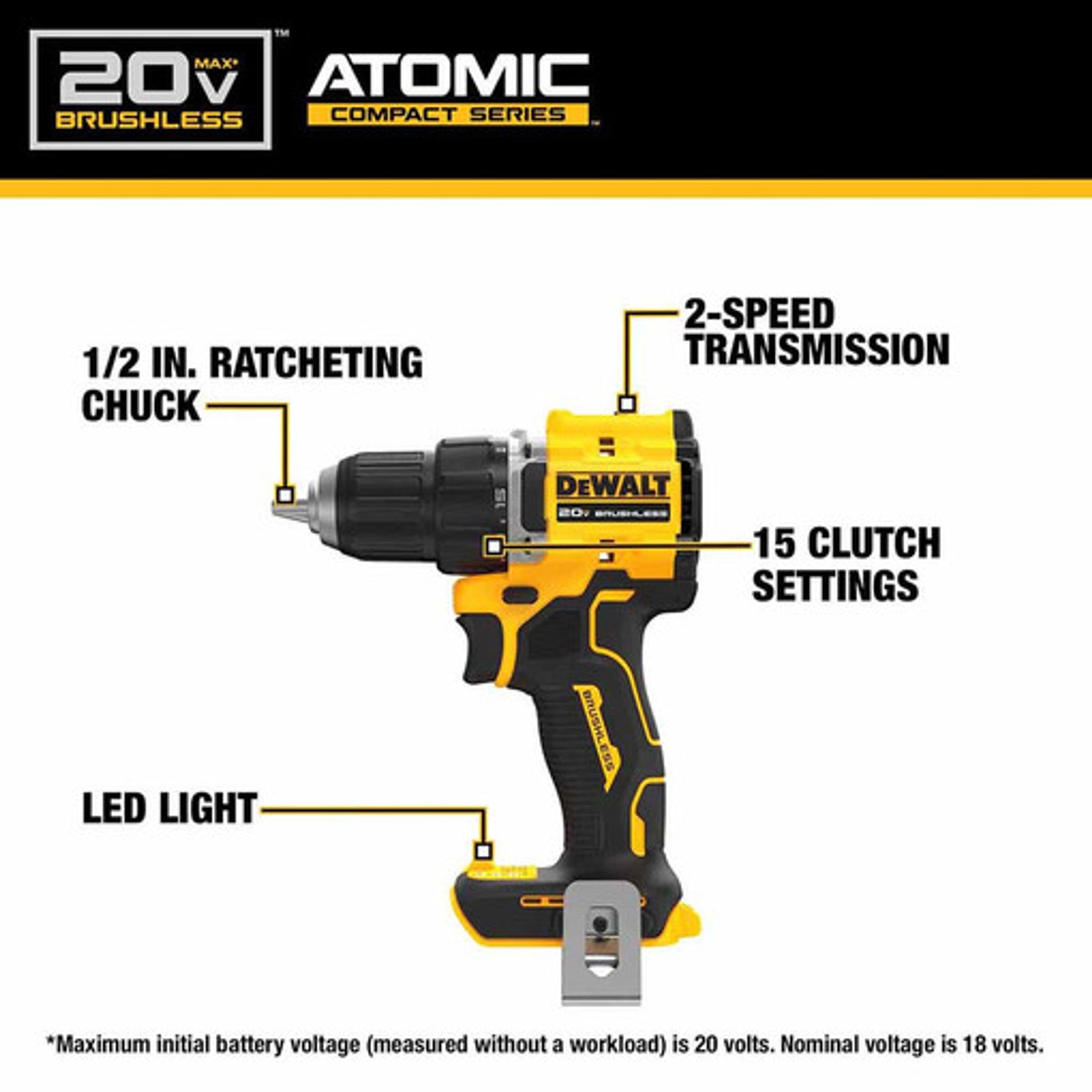 Perceuse-visseuse sans fil DEWALT DCD794B-ATOMIC COMPACT SERIES 20 V MAX* sans balais 1/2 po (outil seulement)