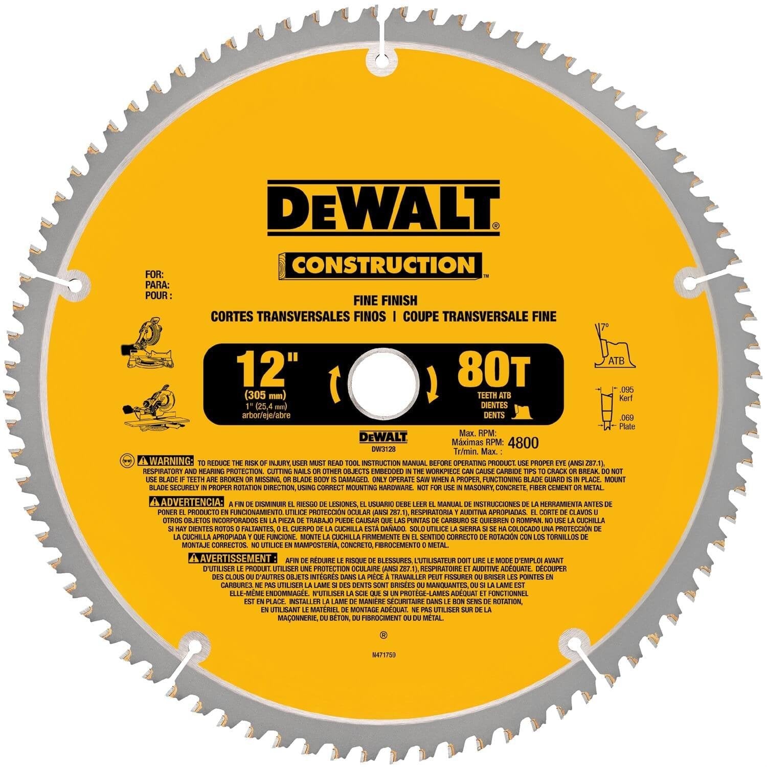 DeWalt DW3128 12" 80T Fine Finish Saw Blade - Wise Line Tools