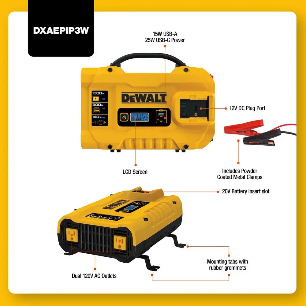 Dewalt DXAEPIP3W-CA- 3-Way 1000-Watt Power Inverter Compatible with 20-Volt XR 5 AH Lithium-Ion Battery (Not Included) DEWALT-LIC