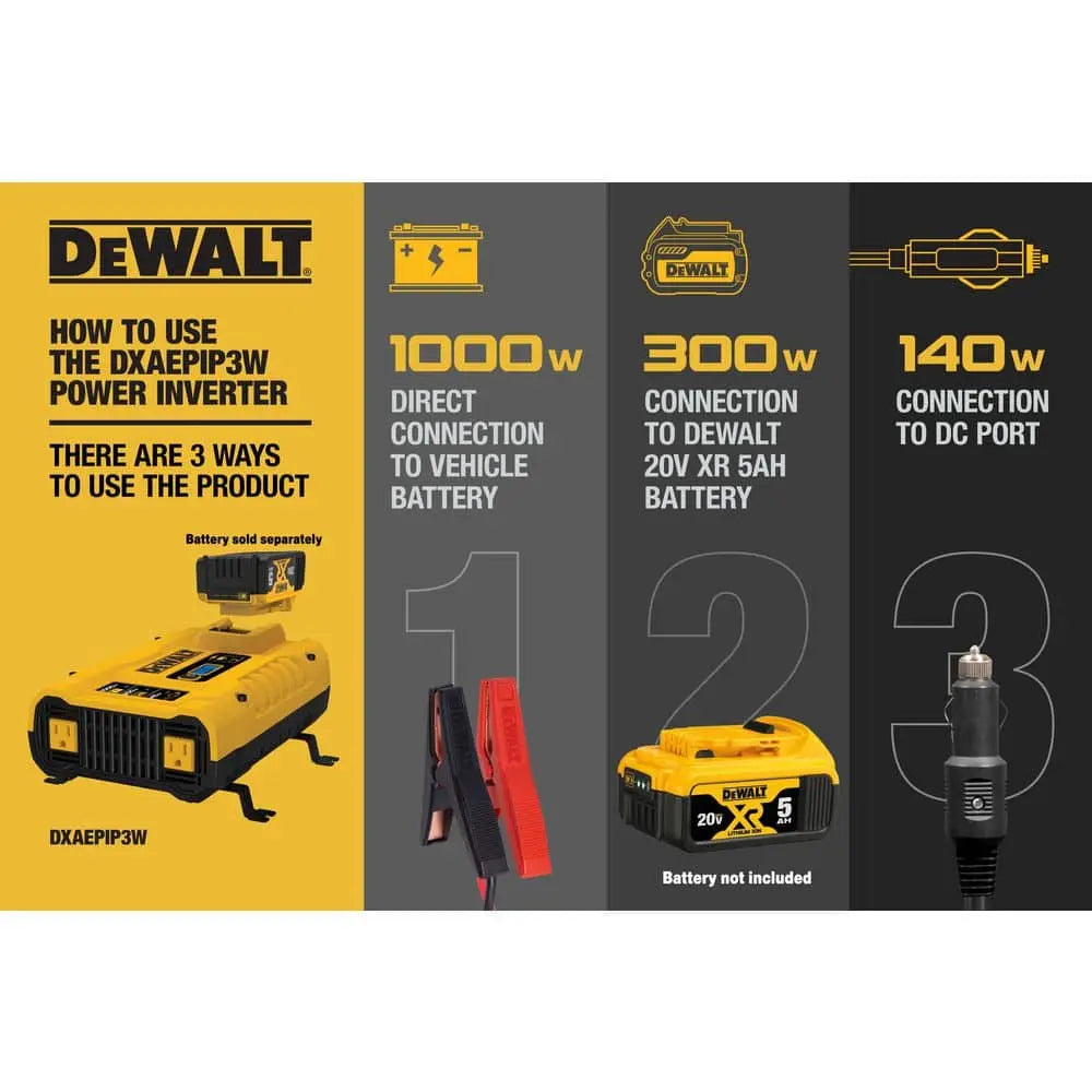 Dewalt DXAEPIP3W-CA- 3-Way 1000-Watt Power Inverter Compatible with 20-Volt XR 5 AH Lithium-Ion Battery (Not Included) DEWALT-LIC