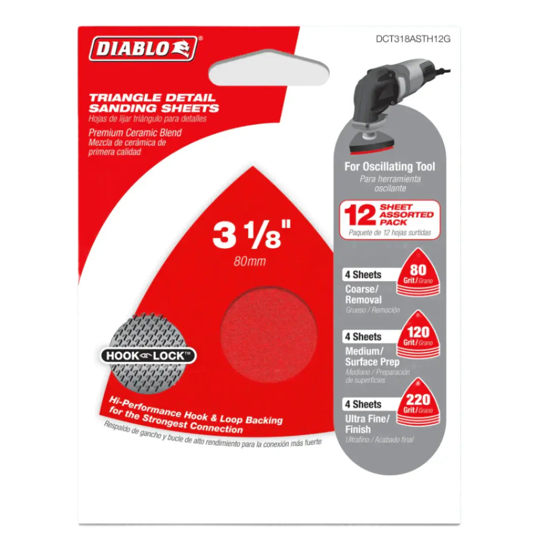 Diablo DCT318ASTH12G 3-1/8″ Oscillating Detail Triangle Sanding Sheet Assorted Pack 12 - Wise Line Tools