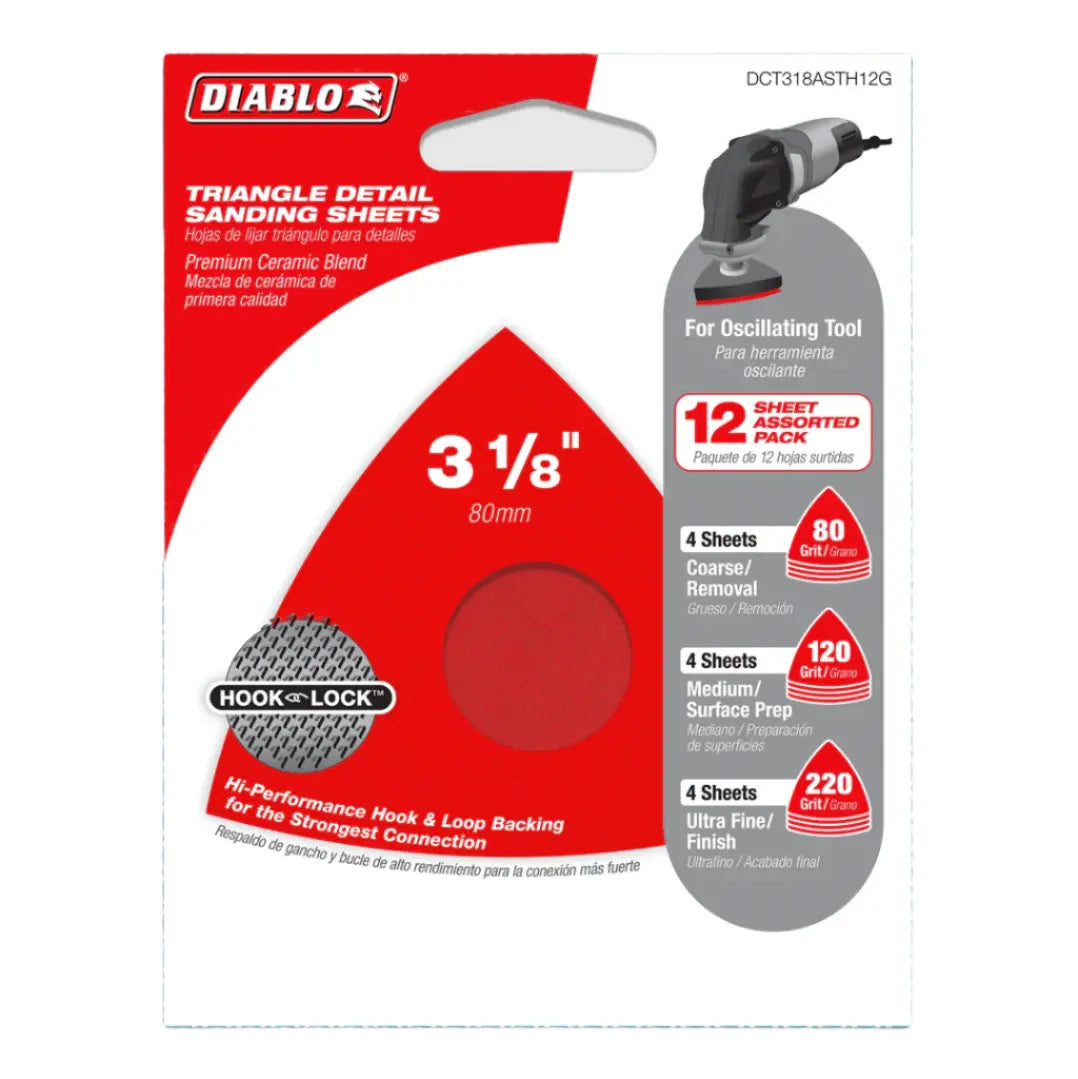 Diablo DCT334ASTH12G Set of 12 triangular abrasive sheets with matching oscillating details 19 mm - Wise Line Tools
