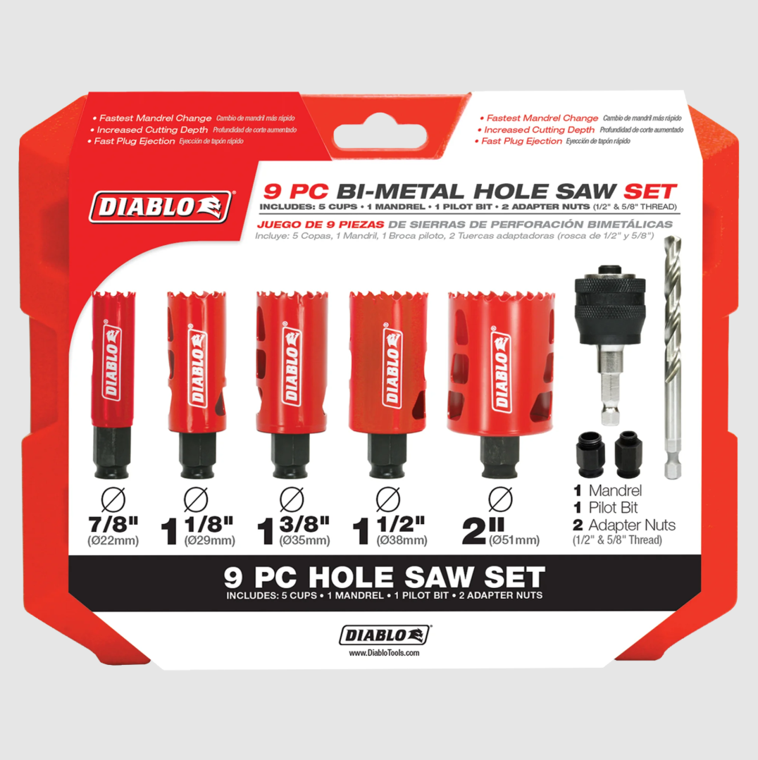 Diablo DHS09SGP  -  9 Piece High Performance Hole Saw Set For Drilling Wood, Plastic, Aluminum, Metal Stainless Steel, 7/8"-2" Cutters - Wise Line Tools