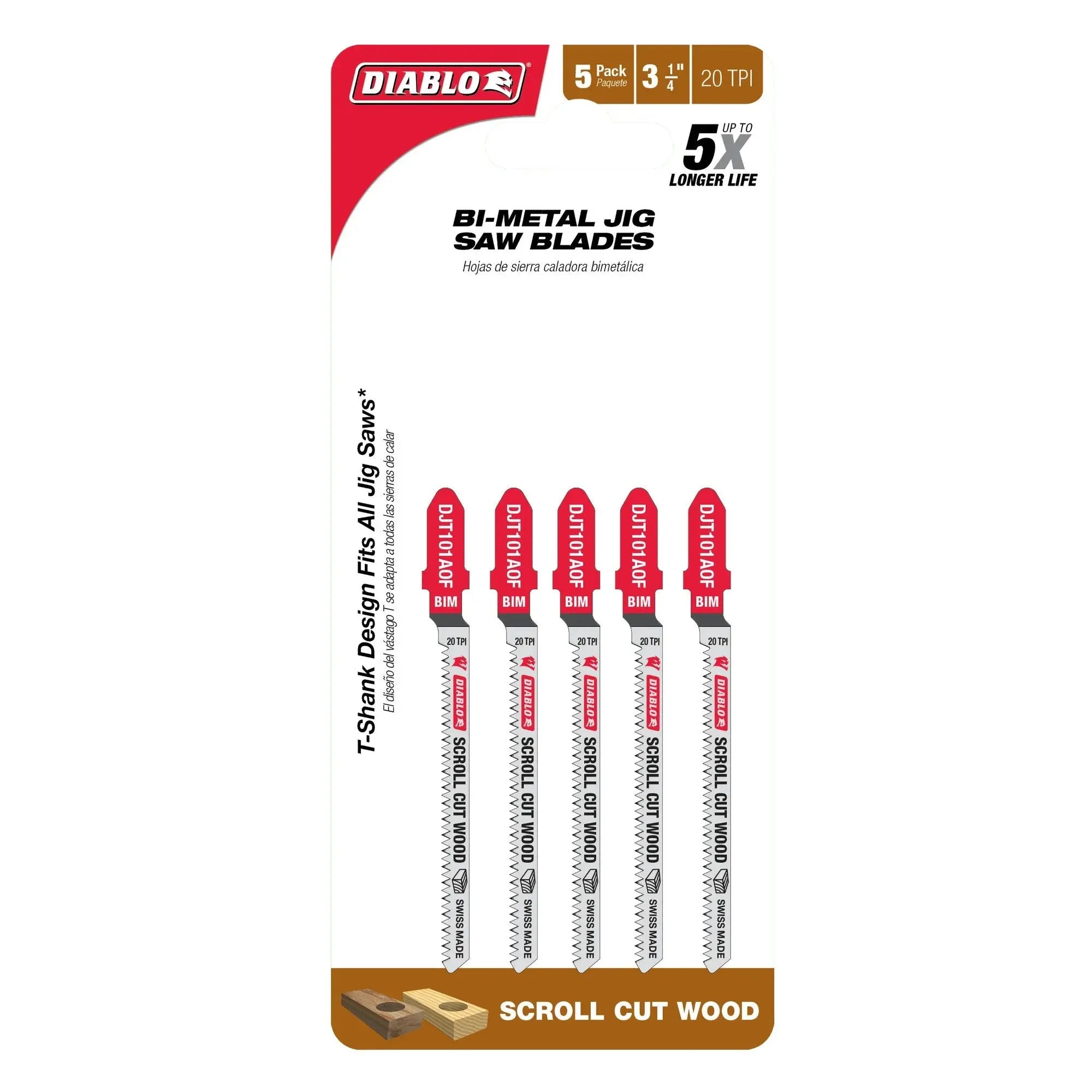 Diablo DJT101AOF5 - 3-1/4 in. 20 TPI Bi-Metal T-Shank Jig Saw Blades for Scroll Cuts in Wood- 5-Pack DIABLO