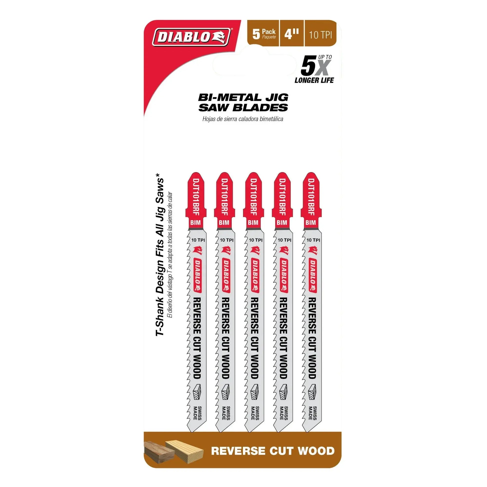 Diablo DJT101BRF5 - 4 in. 10 TPI Bi-Metal T-Shank Jig Saw Blades for Reverse Cuts in Wood - 5 Pack - Wise Line Tools