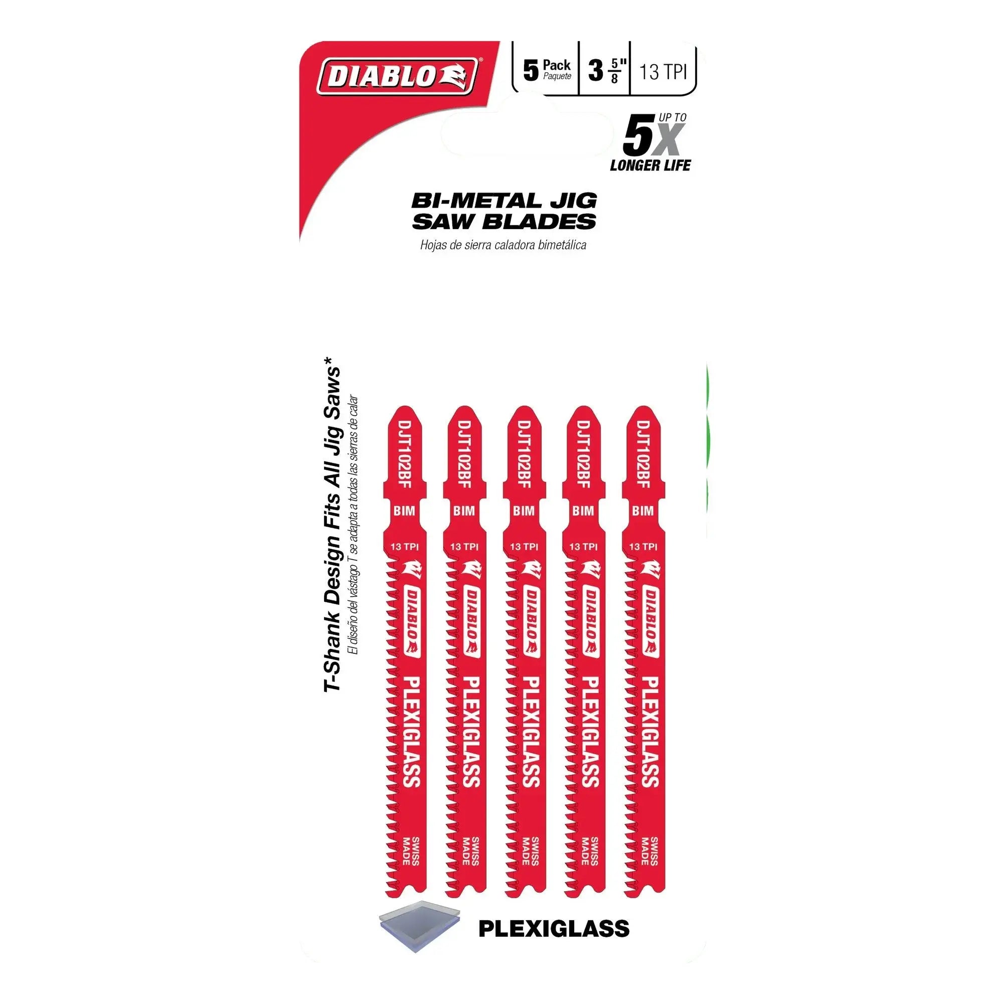 Diablo DJT102BF5 - 3-5/8 in. 13 TPI Bi-Metal T-Shank Jig Saw Blades for Plexiglass - 5 Pack DIABLO
