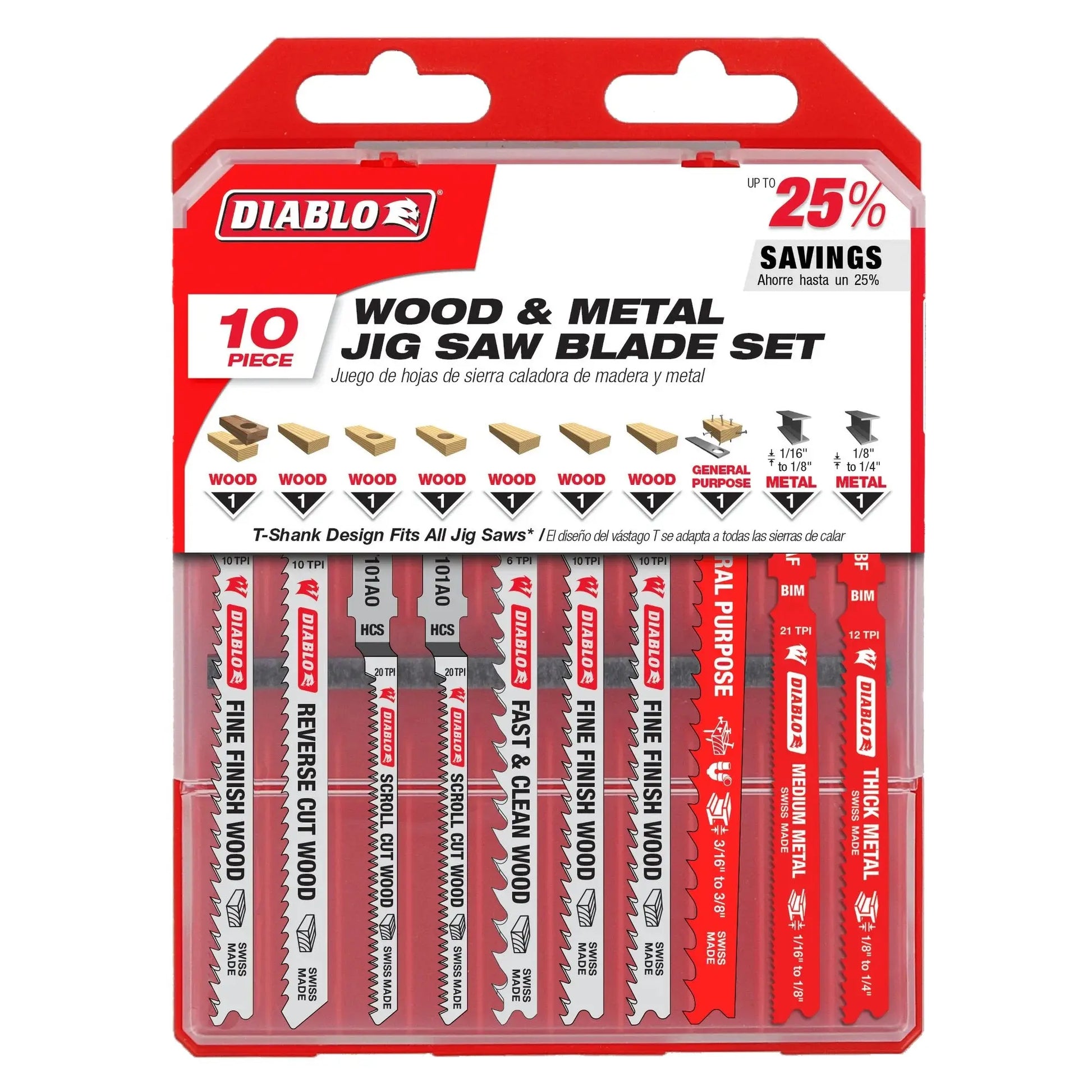 Diablo DJT10S - 10 pc T-Shank Jig Saw Blade Set for Wood & Metal- 10 Pack DIABLO