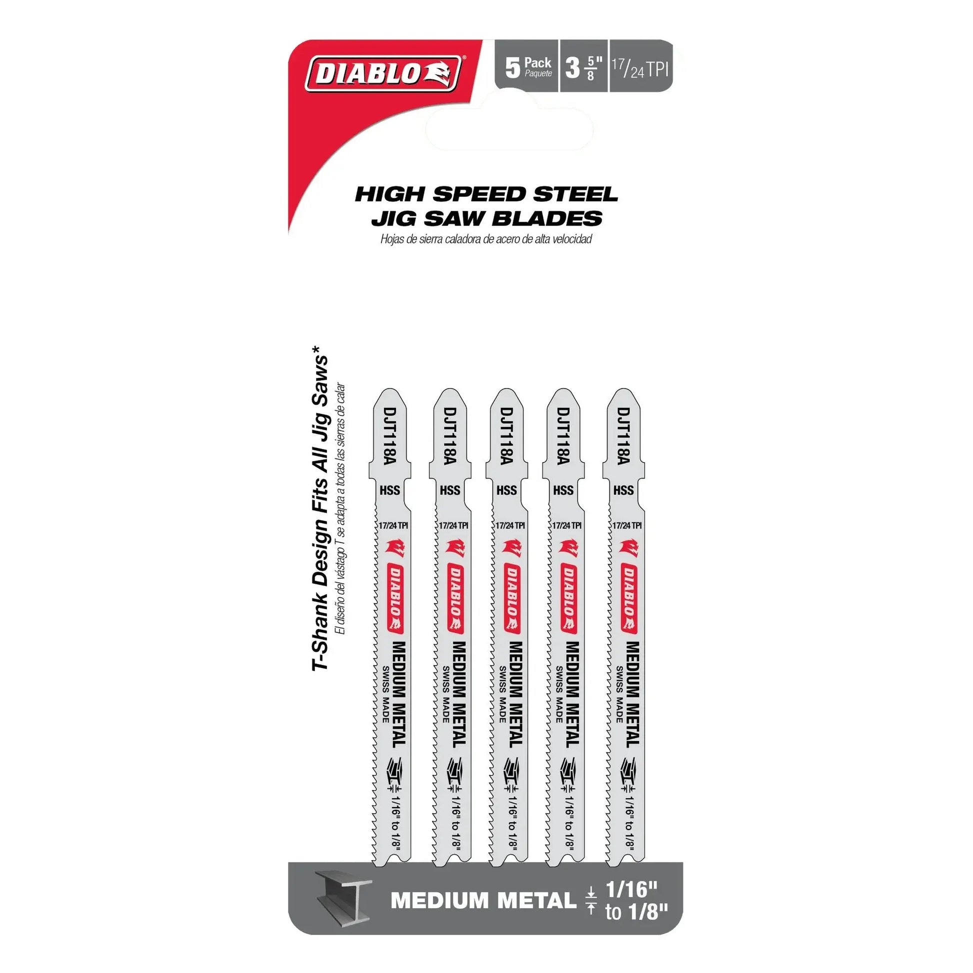 Diablo DJT118A5 - 3-5/8 in. 17/24 TPI High Speed Steel T-Shank Jig Saw Blades for Medium Metal- 5 Pack DIABLO