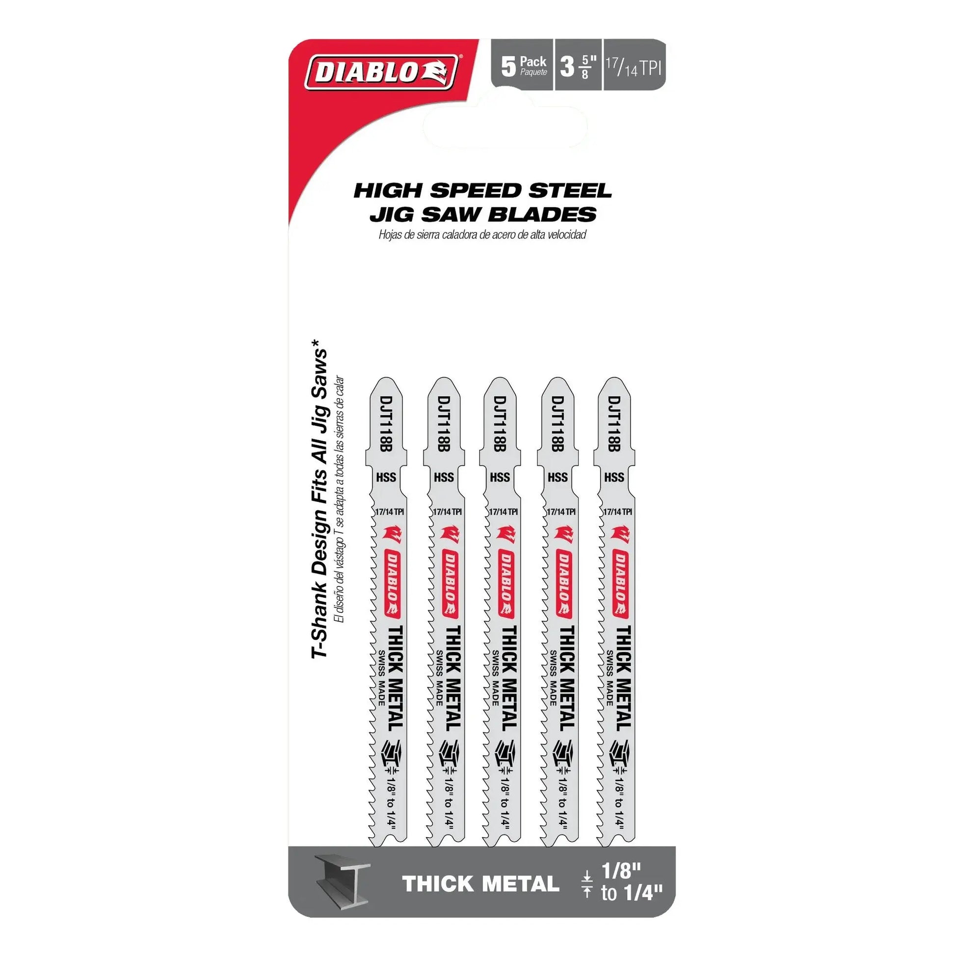 Diablo DJT118B5 - 3-5/8 in. 17/14 TPI High Speed Steel T-Shank Jig Saw Blades for Thick Metal 5 pack - Wise Line Tools
