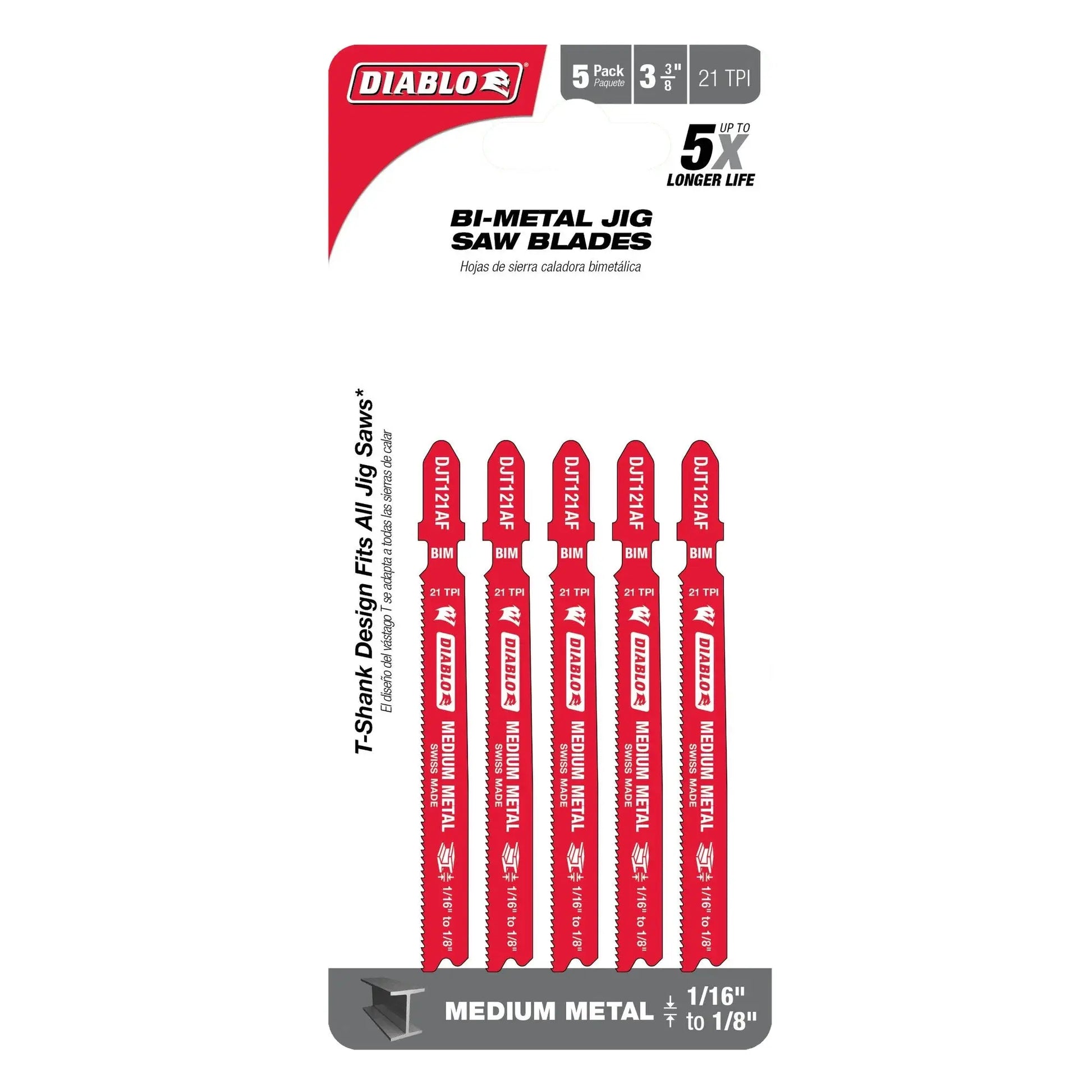 Diablo DJT121AF5 - 3-5/8 in. 21 TPI Bi-Metal T-Shank Jig Saw Blades for Medium Metal DIABLO