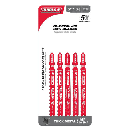 Diablo DJT121BF5- 3-3/8 in. 12 TPI Bi-Metal T-Shank Jig Saw Blades for Thick Metal DIABLO