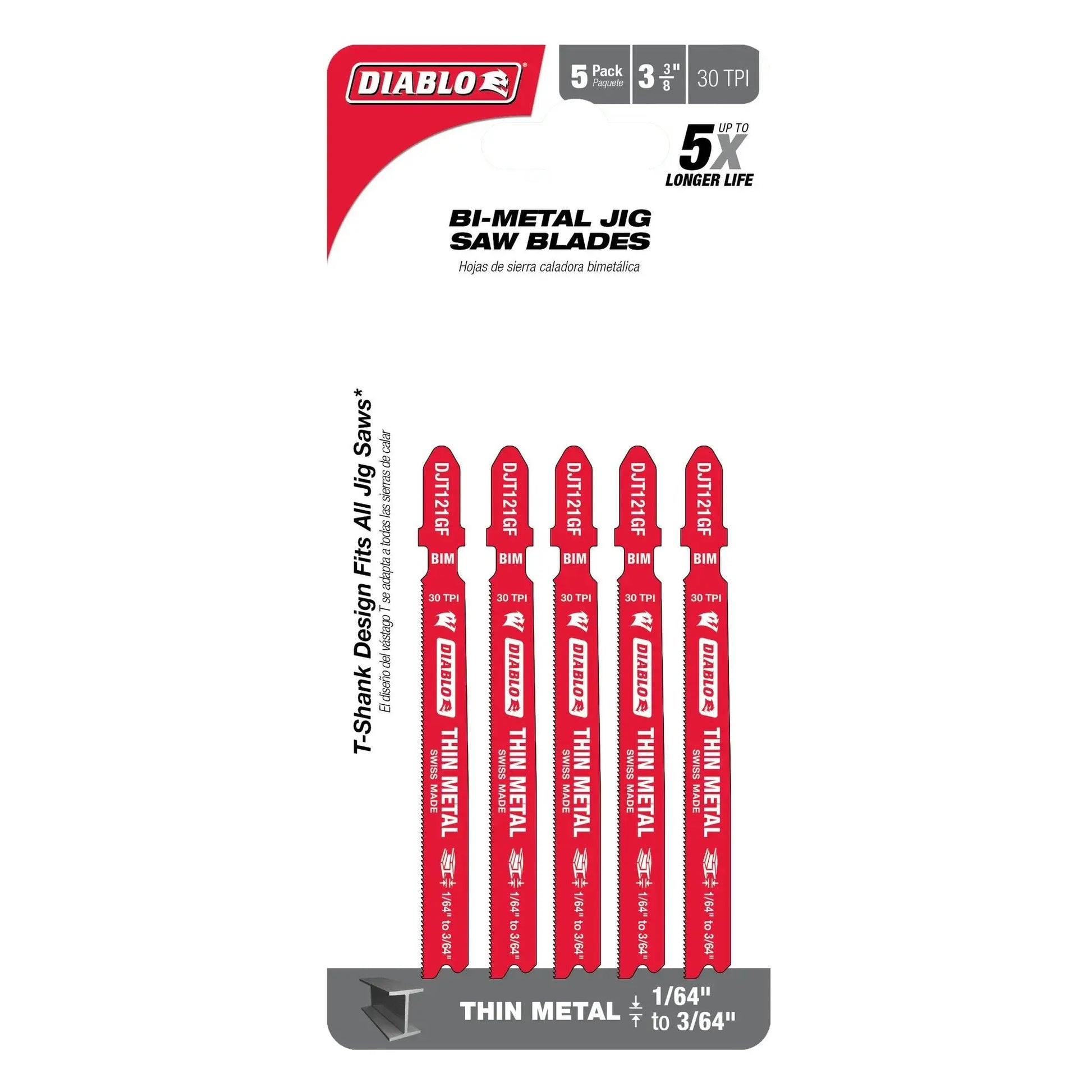 Diablo DJT121GF5 - 3-5/8 in. 30 TPI Bi-Metal T-Shank Jig Saw Blades for Thin Metal DIABLO