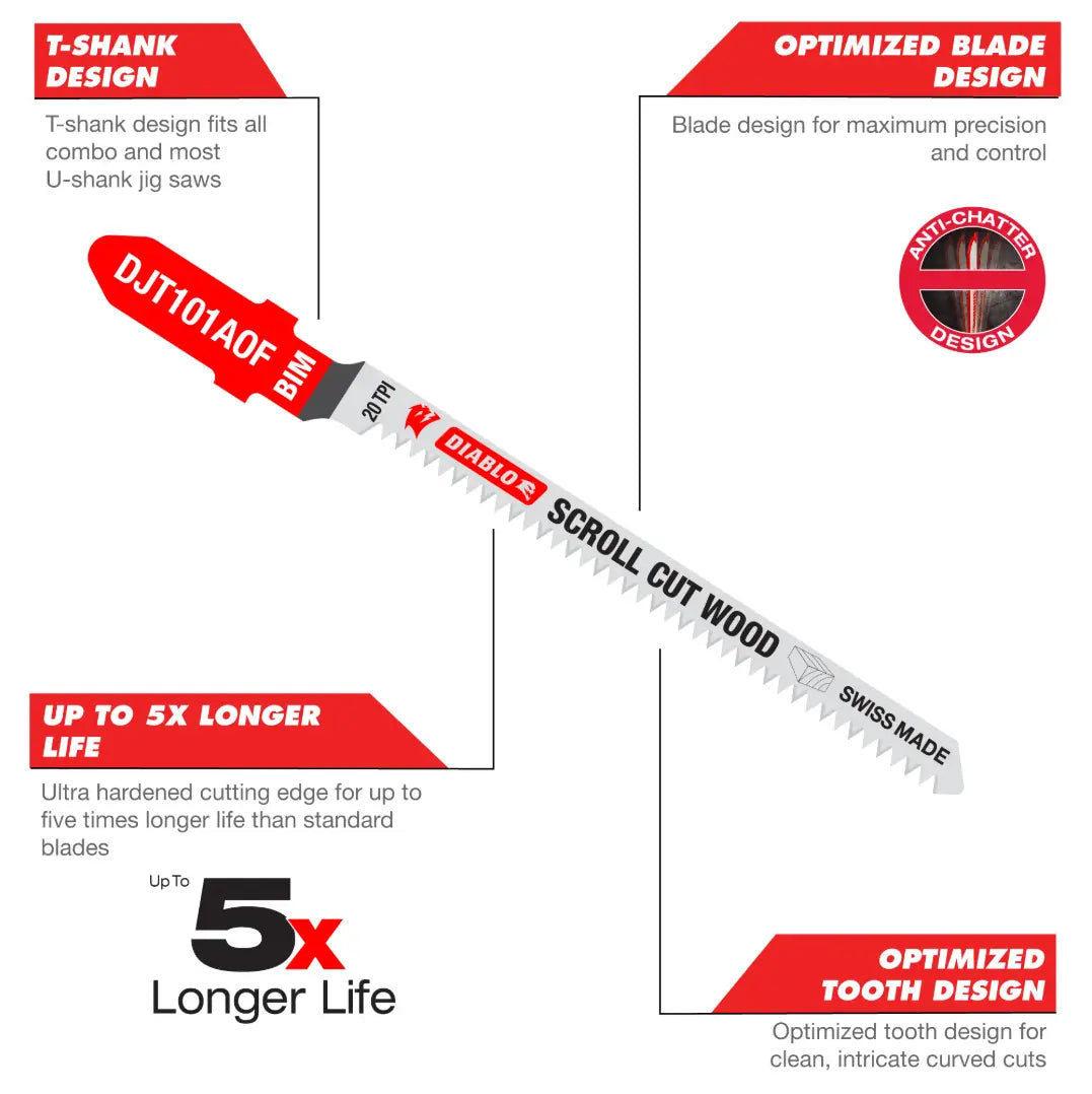 Diablo DJT144DF5 - 4 in. 6 TPI Bi-Metal T-Shank Jig Saw Blades for Fast Wood Cuts - 5 Pack DIABLO