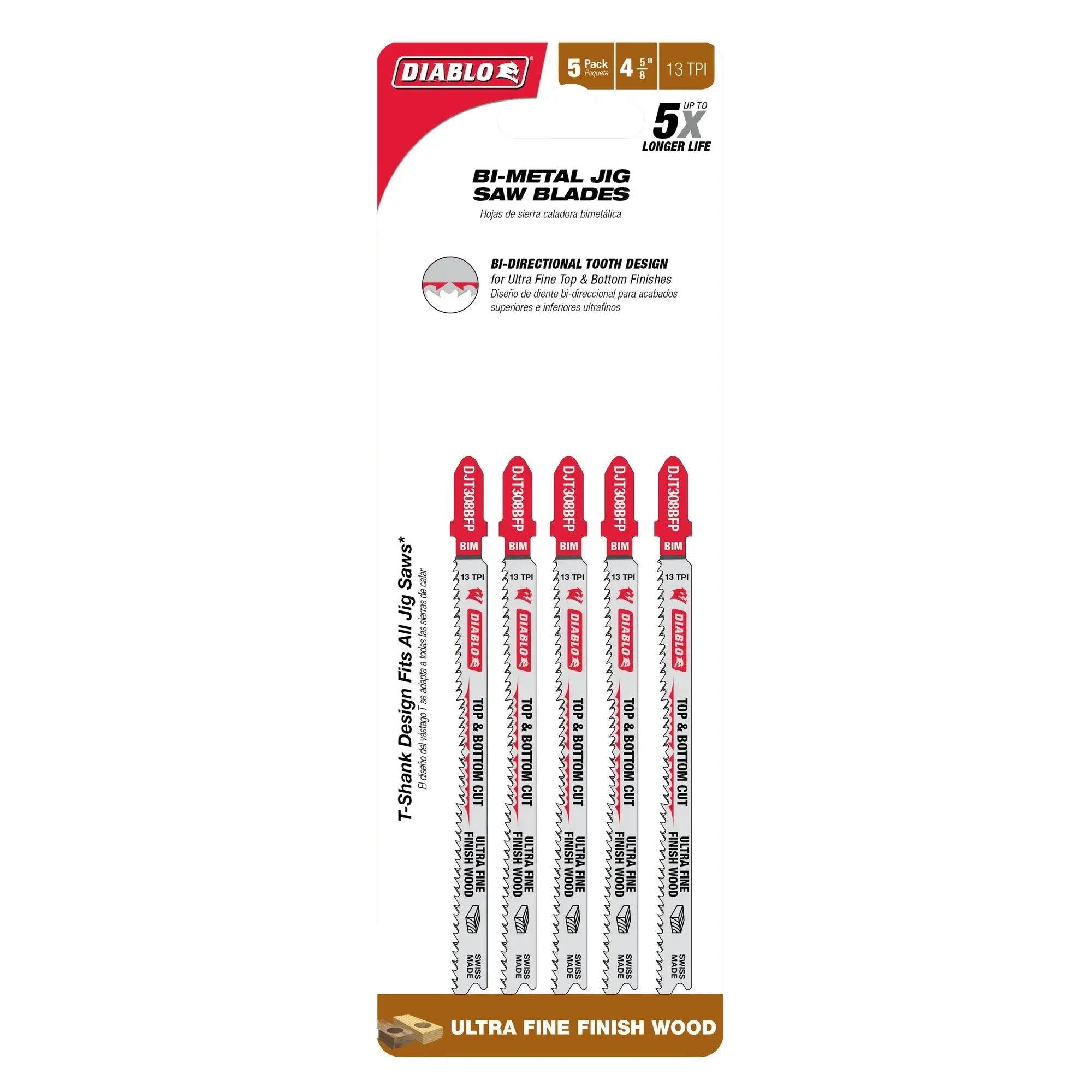 Diablo DJT308BFP5- 4-5/8 in. 13 TPI Bi-Metal T-Shank Jig Saw Blades for Ultra Fine Finish Cuts in Wood- 5 Pack - Wise Line Tools
