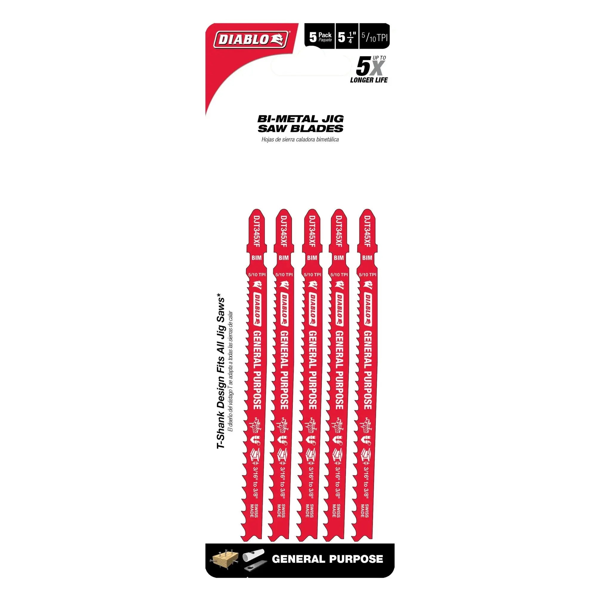 Diablo DJT345XF5 -  5-1/4 in. 5/10 TPI Bi-Metal T-Shank Jig Saw Blades for General Purpose Cuts- 5 Pack DIABLO