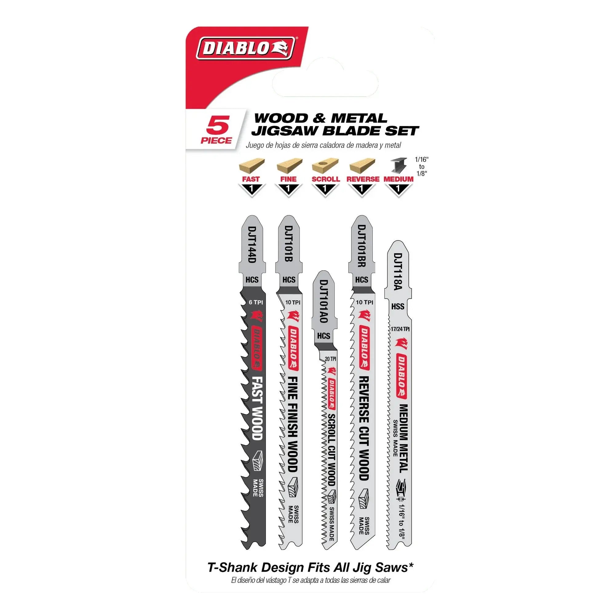 Diablo DJT5S- 5pc High Carbon Steel/High Speed Steel T-Shank Jig Saw Blade Set for Wood & Metal - 5 Pack DIABLO