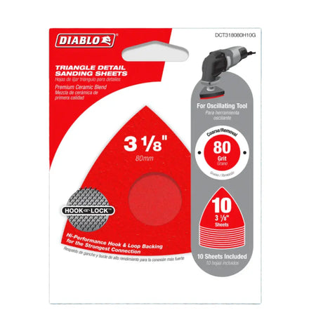 Feuilles abrasives triangulaires oscillantes Diablo Tools 3-1/8" grain 80 (paquet de 10) DCT318080H10G 